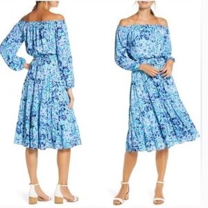 LILLY PULITZER Jennie Off The Shoulder Midi Dress Blue Iris Size M
